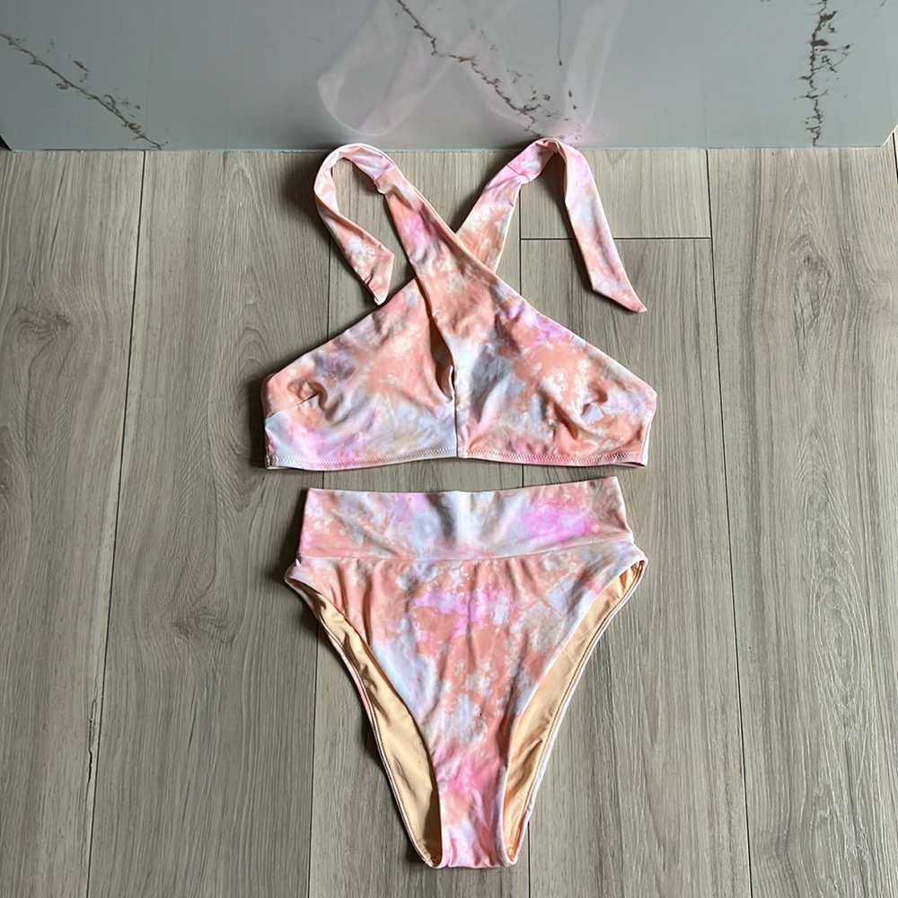aerie Pink Peach Tie-Dye Cross-Back Bikini Set